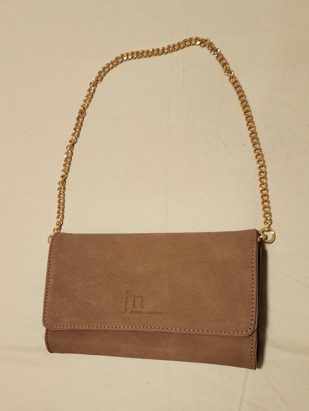 Jessica Moore crossbody, taupe suede purse